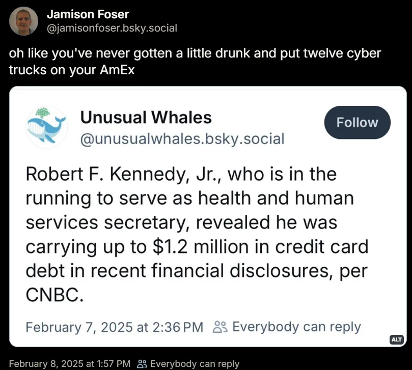 A screenshot of a social media post from 'Unusual Whales' reporting that Robert F. Kennedy, Jr. disclosed $1.2 million in…