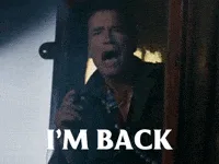 Six identical frames show Arnold Schwarzenegger in a dark doorway, yelling with intensity. Each frame has the text 'I'M…