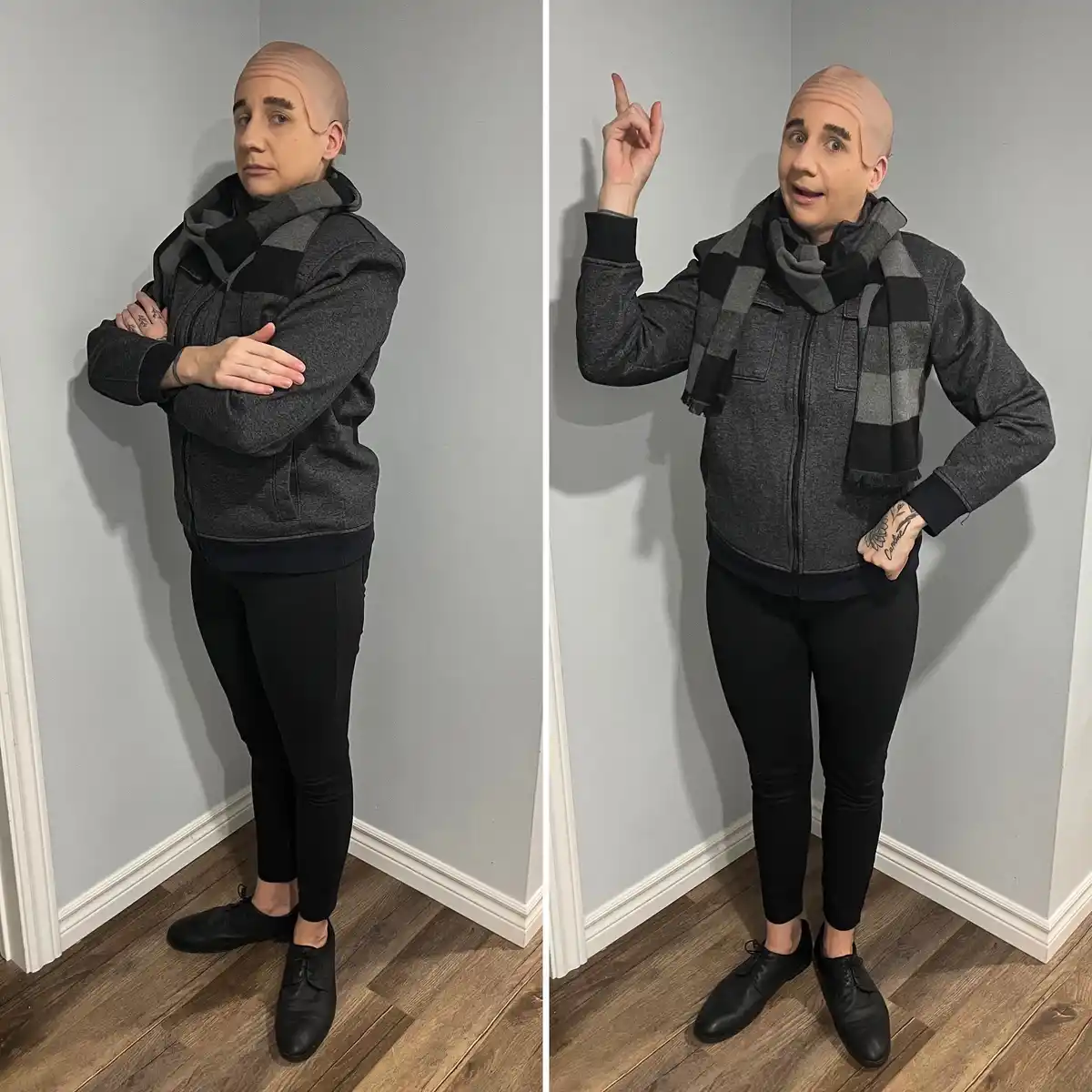 A person wearing a bald cap and a grey and black plaid scarf over a grey zip-up hoodie and black pants stands in two…