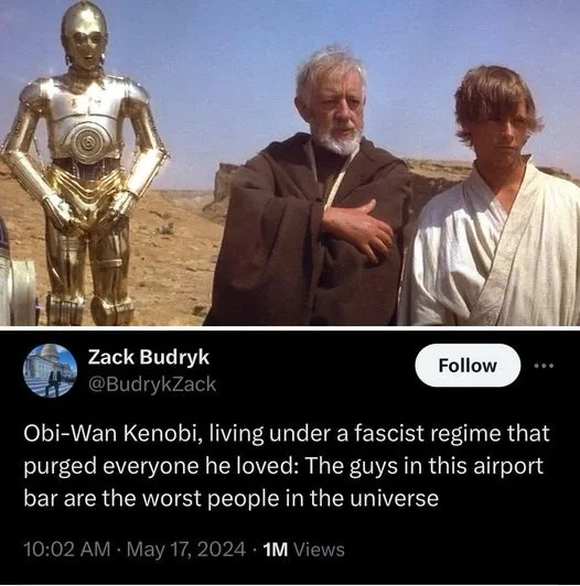 A still from Star Wars shows C-3PO, Obi-Wan Kenobi, and Luke Skywalker standing together in a desert. Overlaid text reads…