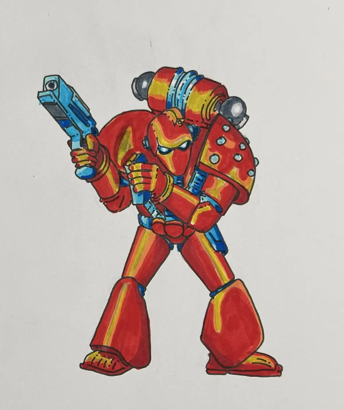 A hand-drawn, colorful illustration of a bulky, red and yellow armored robot with blue accents, holding a blue gun in a…