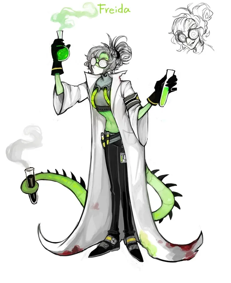 An anime-style character named Freida, wearing a white lab coat and goggles, holds two test tubes with green liquid. She has…