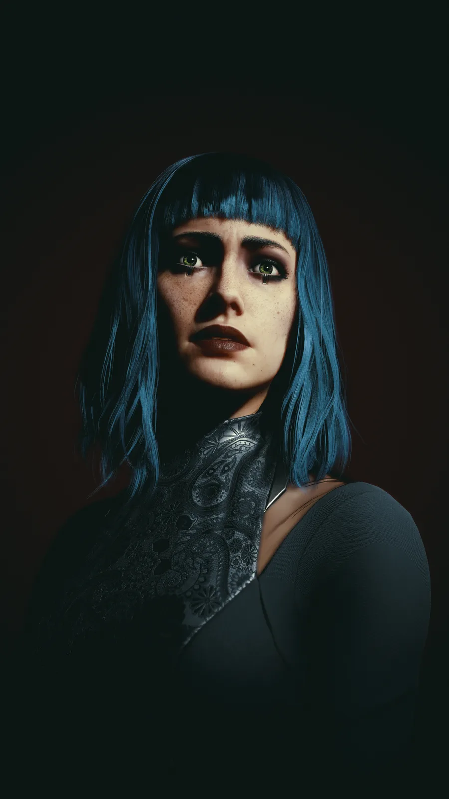 A person with blue hair and freckles stares intensely at the viewer, with a single tear visible under each eye. They wear a…