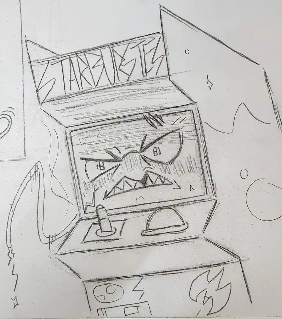 A hand-drawn pencil sketch of a retro arcade machine with 'STARBUCKS' written across the top. The screen displays a…