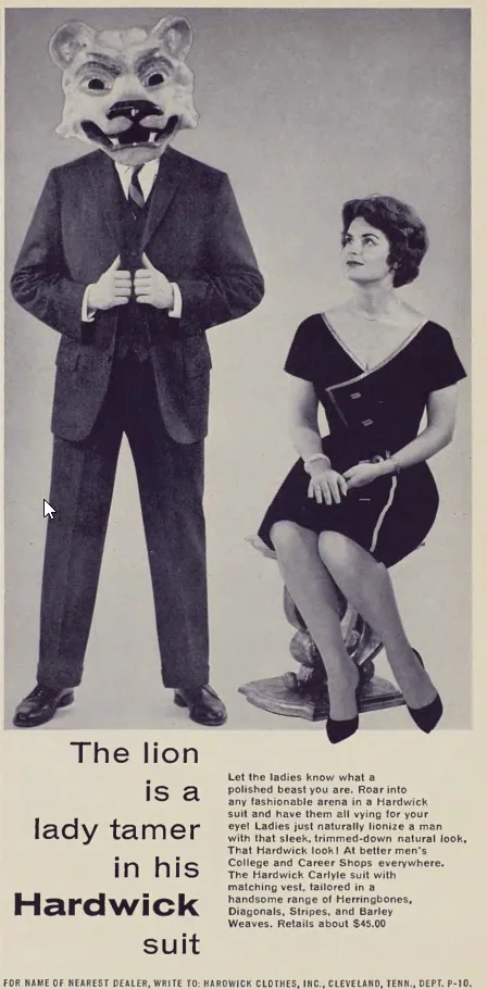 A vintage 1950s advertisement shows a man in a suit wearing a large lion mask, standing next to a seated woman in a black…