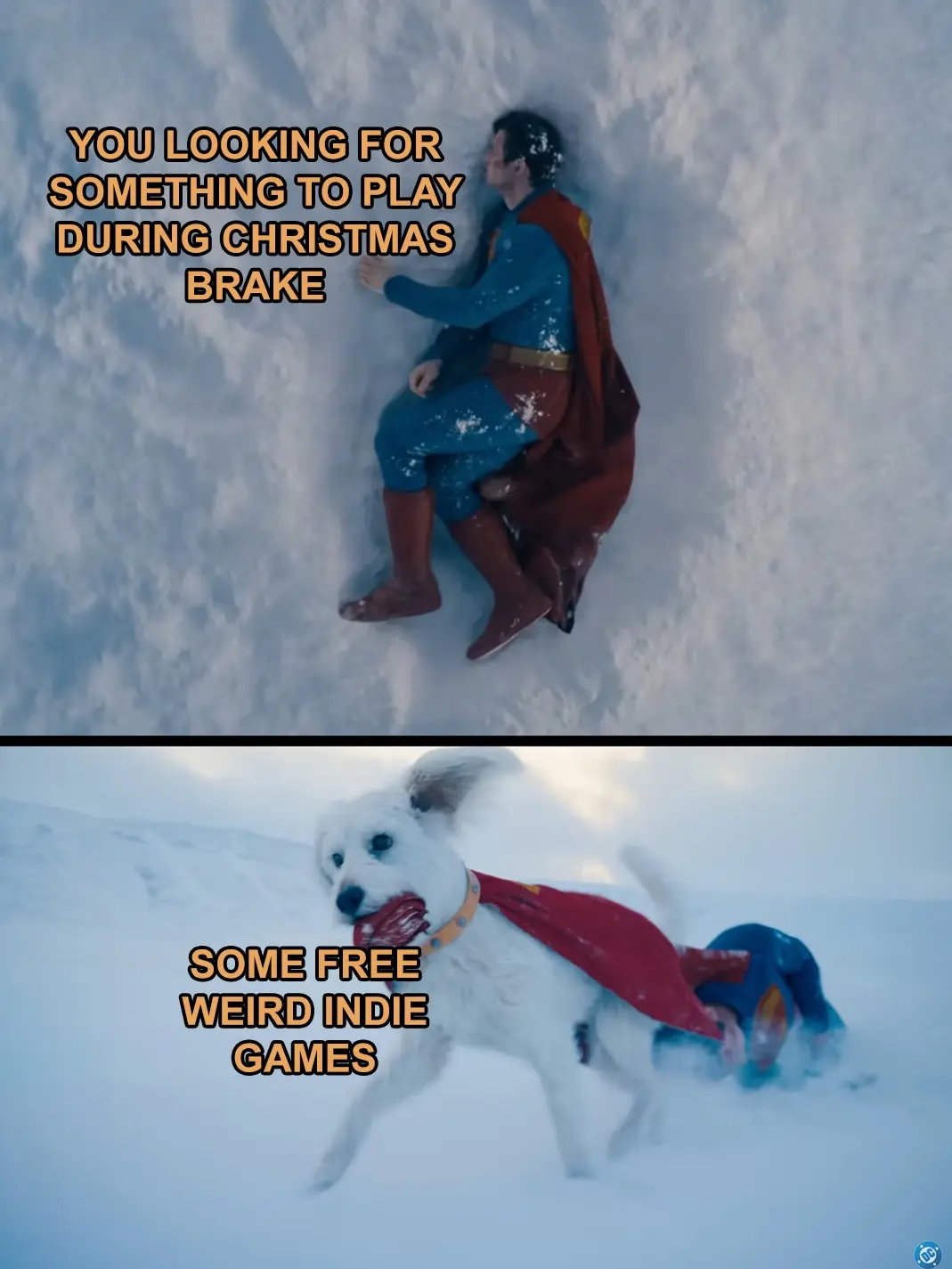 The top panel shows Superman sitting in a snowy ditch, looking up. The bottom panel shows a white dog wearing a red cape and…