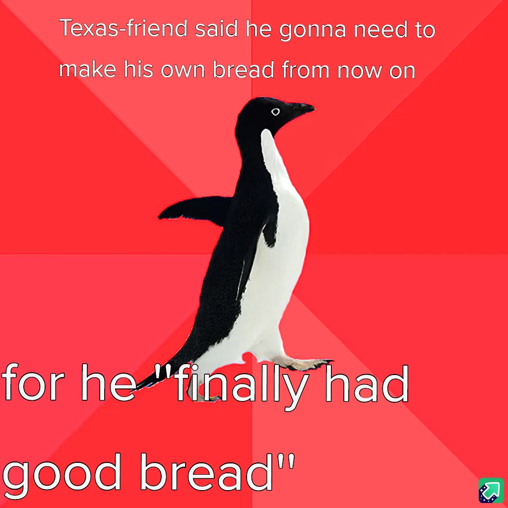 A black-and-white penguin stands against a red background with diagonal stripes. White text overlaid on the image reads…