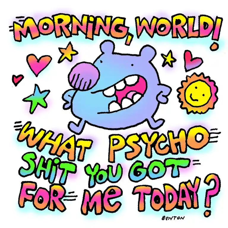 A cartoonish blue creature with a wide, toothy grin and a purple fist is surrounded by colorful hearts and stars, with a…