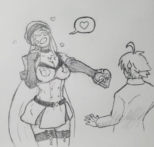 A hand-drawn sketch shows a female character in a fantasy outfit, smiling with hearts around her head and a speech bubble…