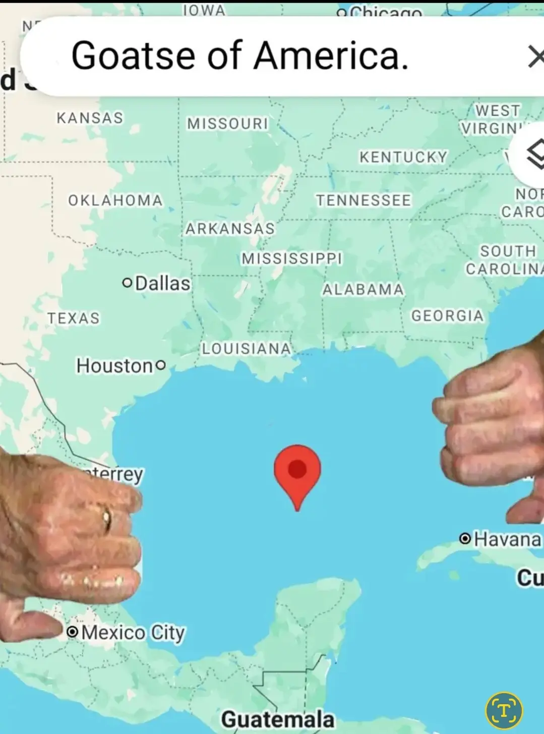 A map of the southeastern United States and Gulf of Mexico shows a red location pin placed in the Gulf of Mexico, surrounded…