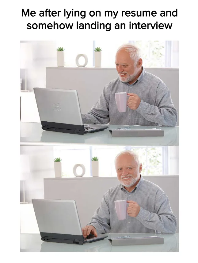 The image shows a man sitting at a desk with a laptop, holding a mug. In the top panel, he looks at the screen with a smug…