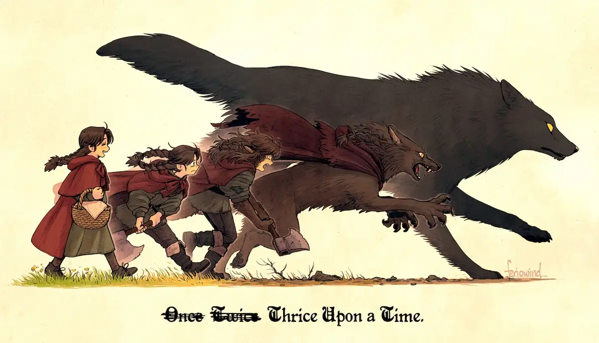 An illustration shows three young girls in red cloaks running from a large, menacing black wolf. The girl at the front…