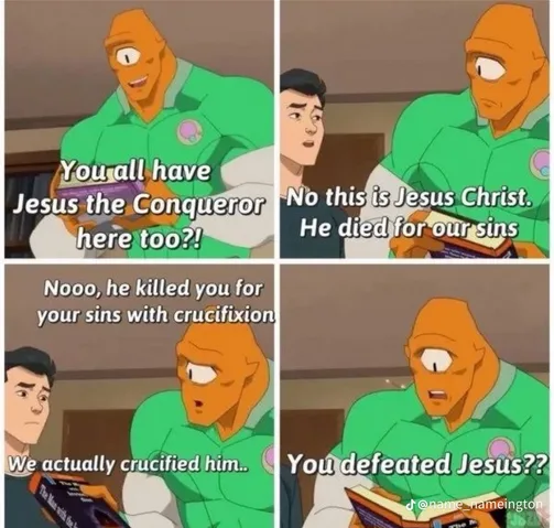 A four-panel comic strip featuring two animated characters. The first panel shows a green-uniformed orange-skinned character…