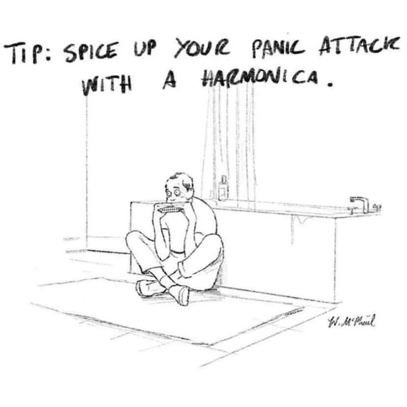 A black-and-white sketch shows a man sitting cross-legged on the floor in a bathroom, holding a harmonica to his mouth as if…