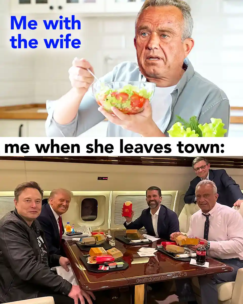The top panel shows a man in a kitchen eating a healthy salad with a pained expression, labeled 'Me with the wife'. The…