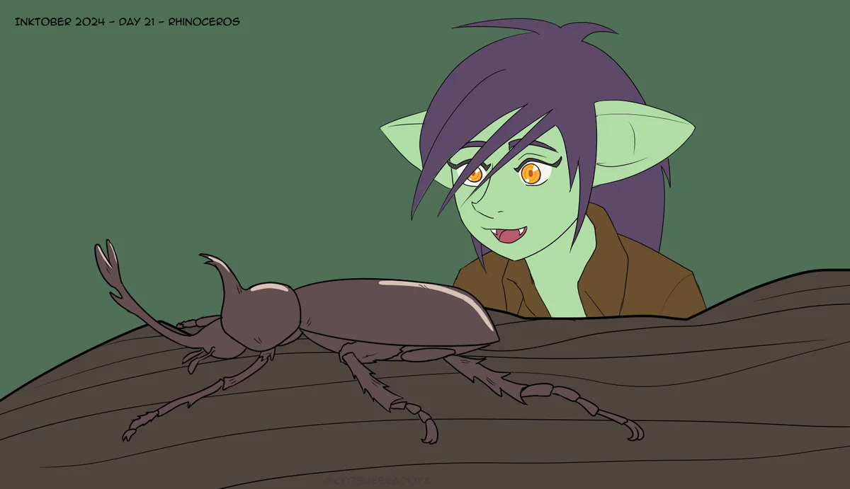A green-skinned, purple-haired elf-like character with pointed ears peeks over a log, smiling at a large rhinoceros beetle…