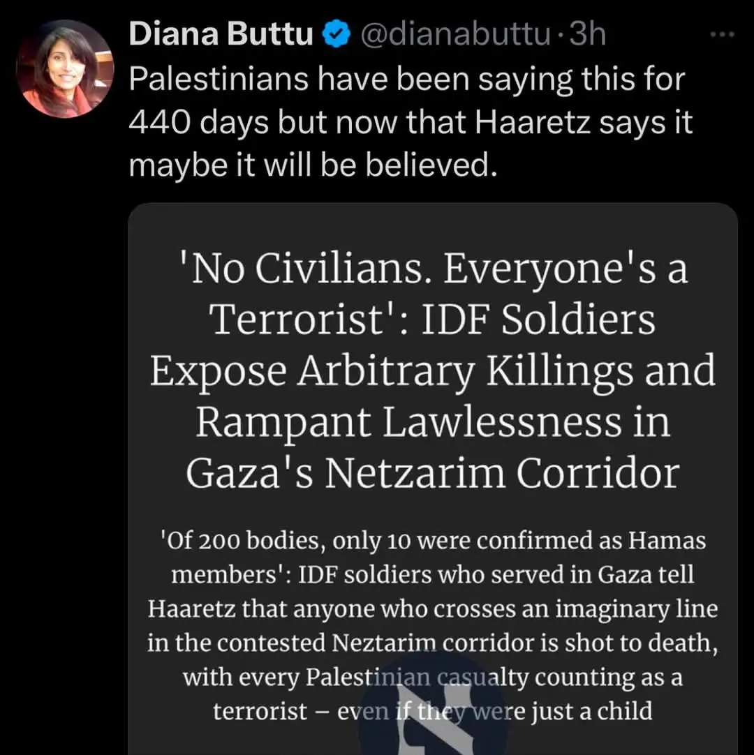 A screenshot of a tweet by Diana Buttu showing a Haaretz article headline and excerpt. The article claims IDF soldiers…
