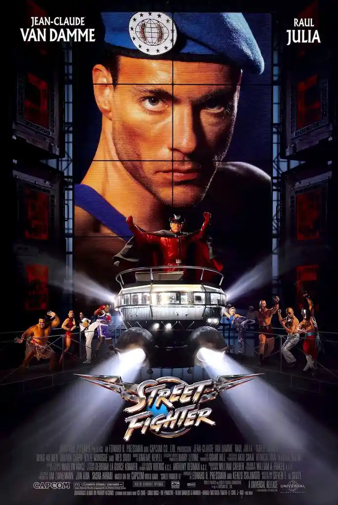 This is the movie poster for 'Street Fighter' starring Jean-Claude Van Damme and Raul Julia. It features a large screen…