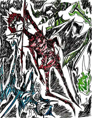 A hand-drawn, sketch-style illustration depicts a red, skeletal, demonic figure standing triumphantly over a defeated…