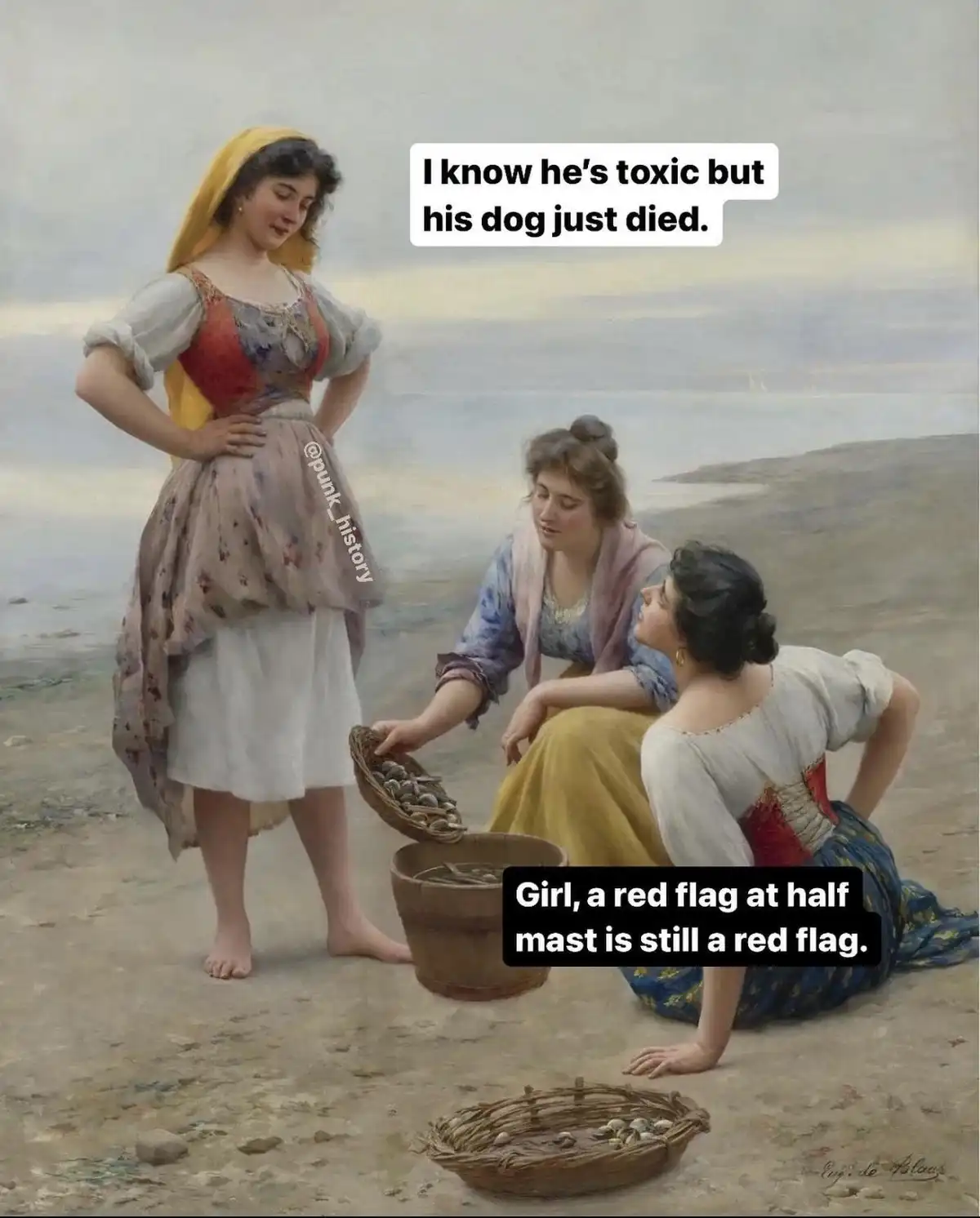 A classical painting depicts three women on a beach; one stands with hands on hips while two others sit near baskets of…