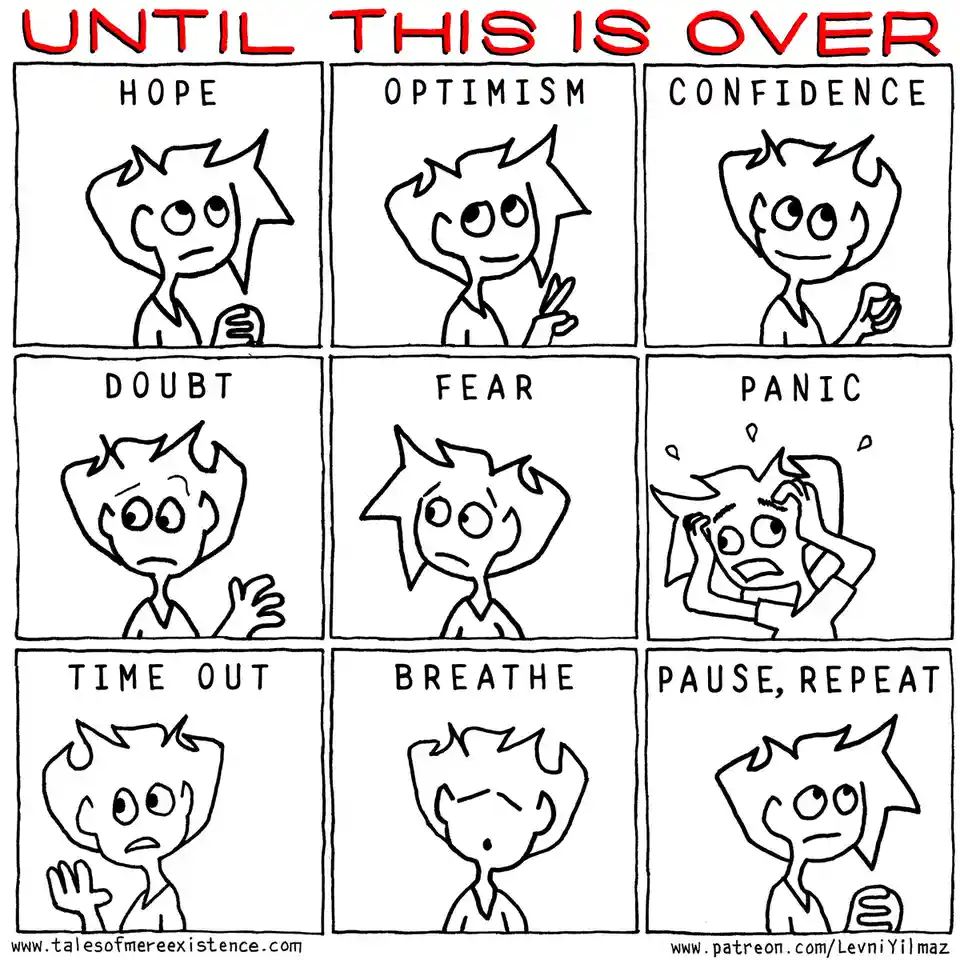 A nine-panel comic strip shows a simple cartoon character expressing different emotions: hope, optimism, confidence, doubt…