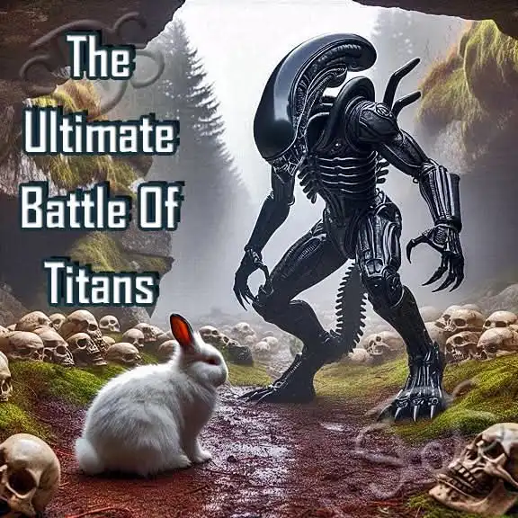 A white rabbit sits calmly on a path surrounded by skulls, facing a towering, menacing alien creature in a misty, forested…