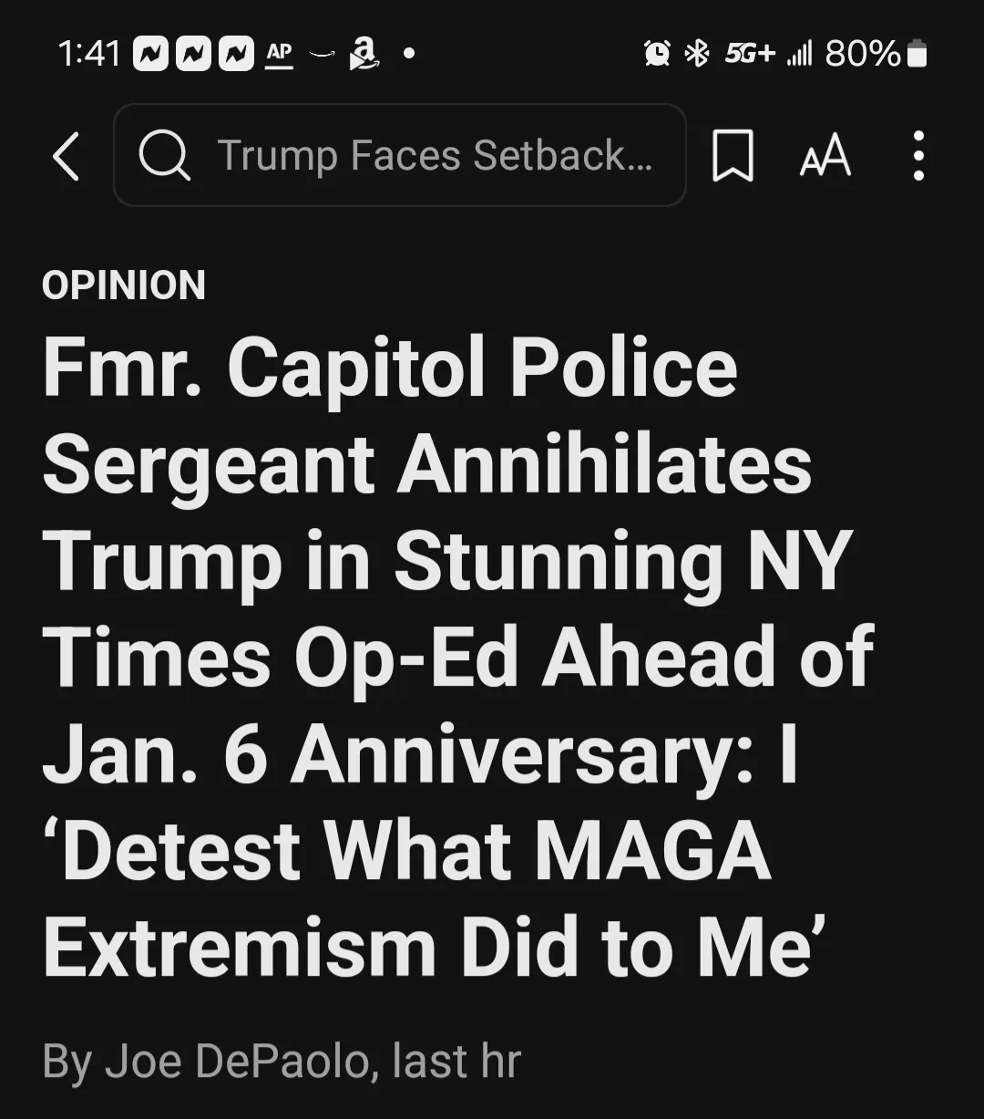 A screenshot of a New York Times opinion article headline on a dark mode mobile interface, reading 'Fmr. Capitol Police…