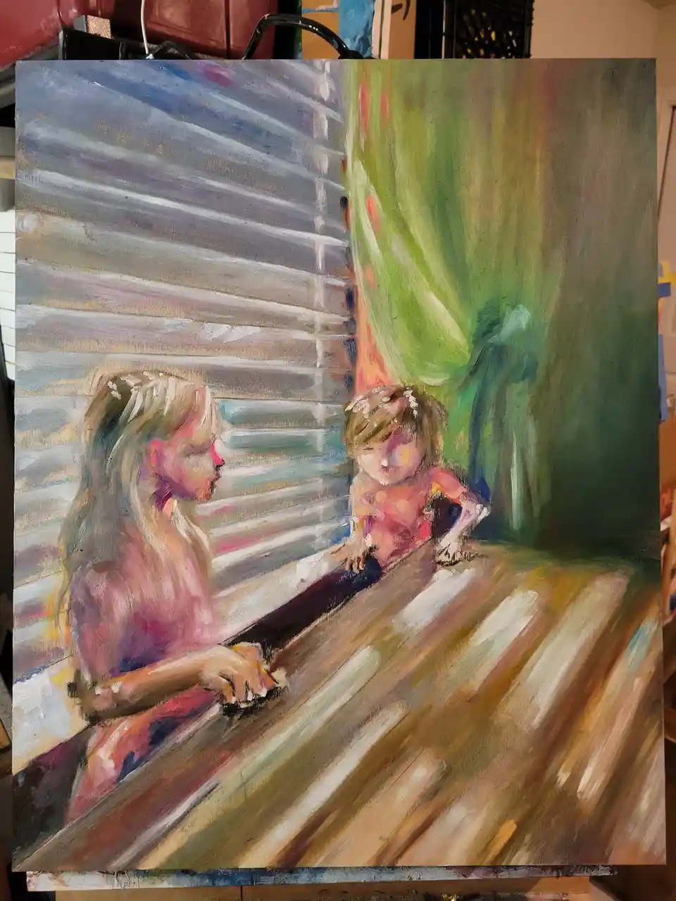 A painting depicts two young girls sitting side by side on a windowsill, looking out at a blurred background of blinds and…