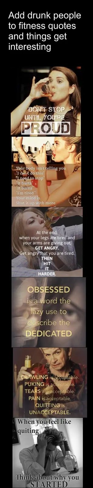 A vertical collage of six images, each showing a different person drinking alcohol while overlaid with fitness or…