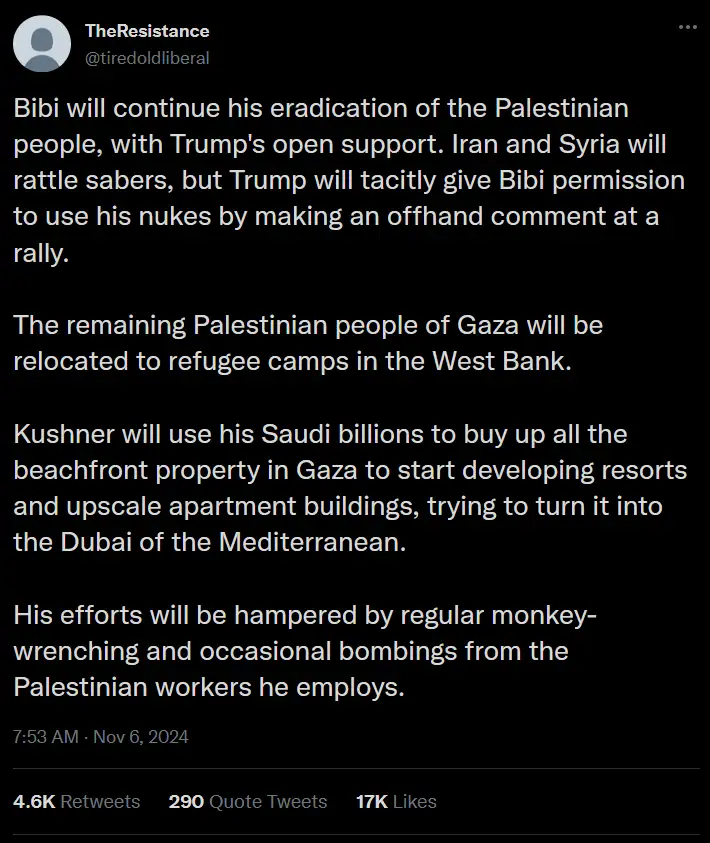 A screenshot of a tweet from @tiredoldliberal with a black background and white text, detailing a satirical, dystopian…
