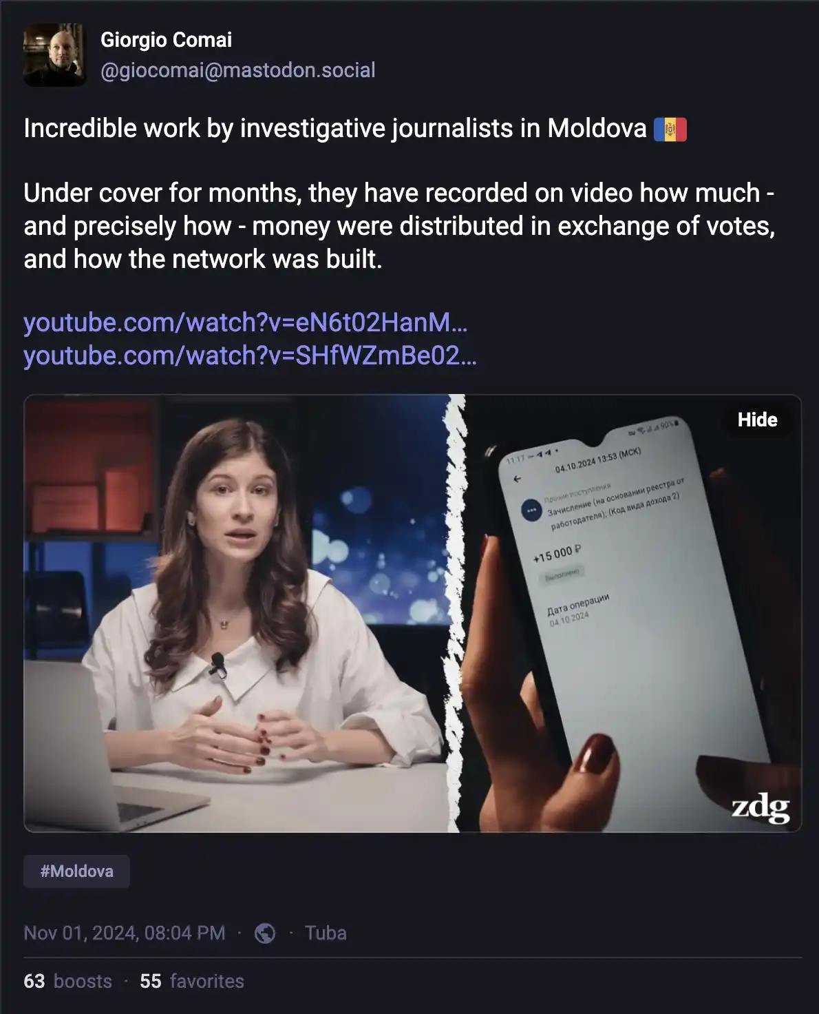 A screenshot of a social media post by Giorgio Comai featuring a split image: on the left, a woman in a white blouse…