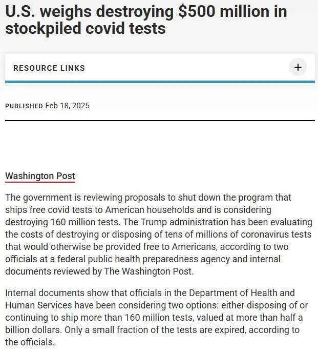 A screenshot of a Washington Post article dated Feb 18, 2025, discussing the U.S. government considering destroying $500…