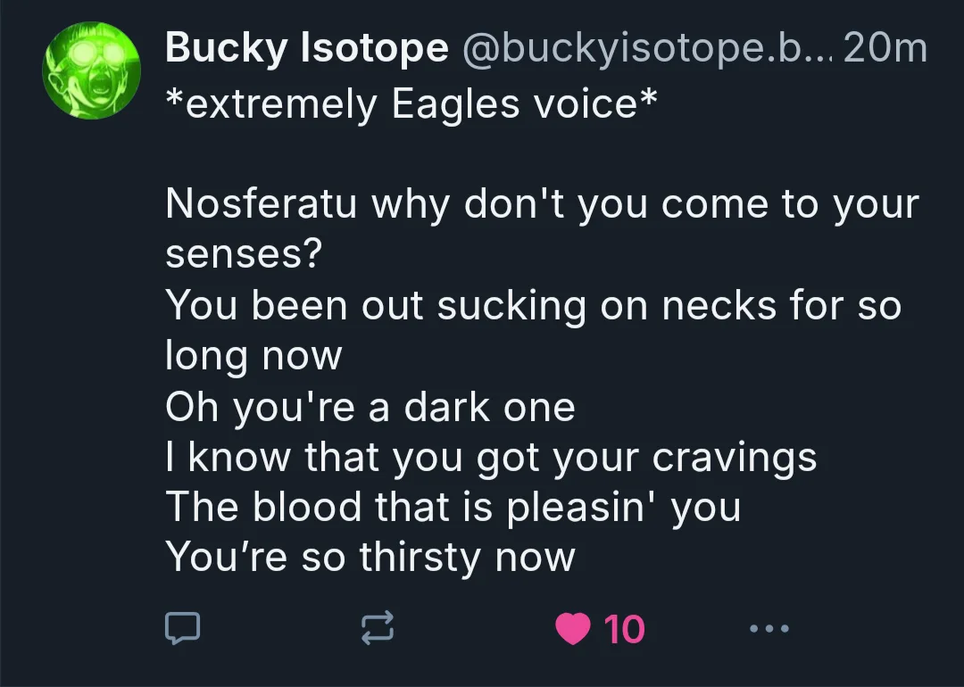 A screenshot of a tweet from 'Bucky Isotope' showing a parody of the Eagles song 'Hotel California' rewritten to be about…