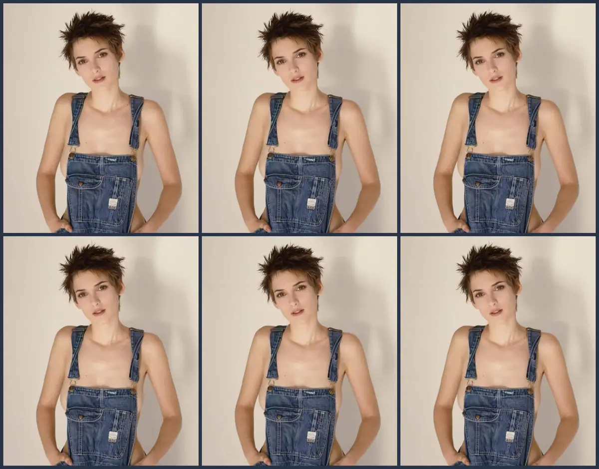 A grid of six identical photos shows a woman with short spiky hair wearing denim overalls that are unbuttoned and unzipped…