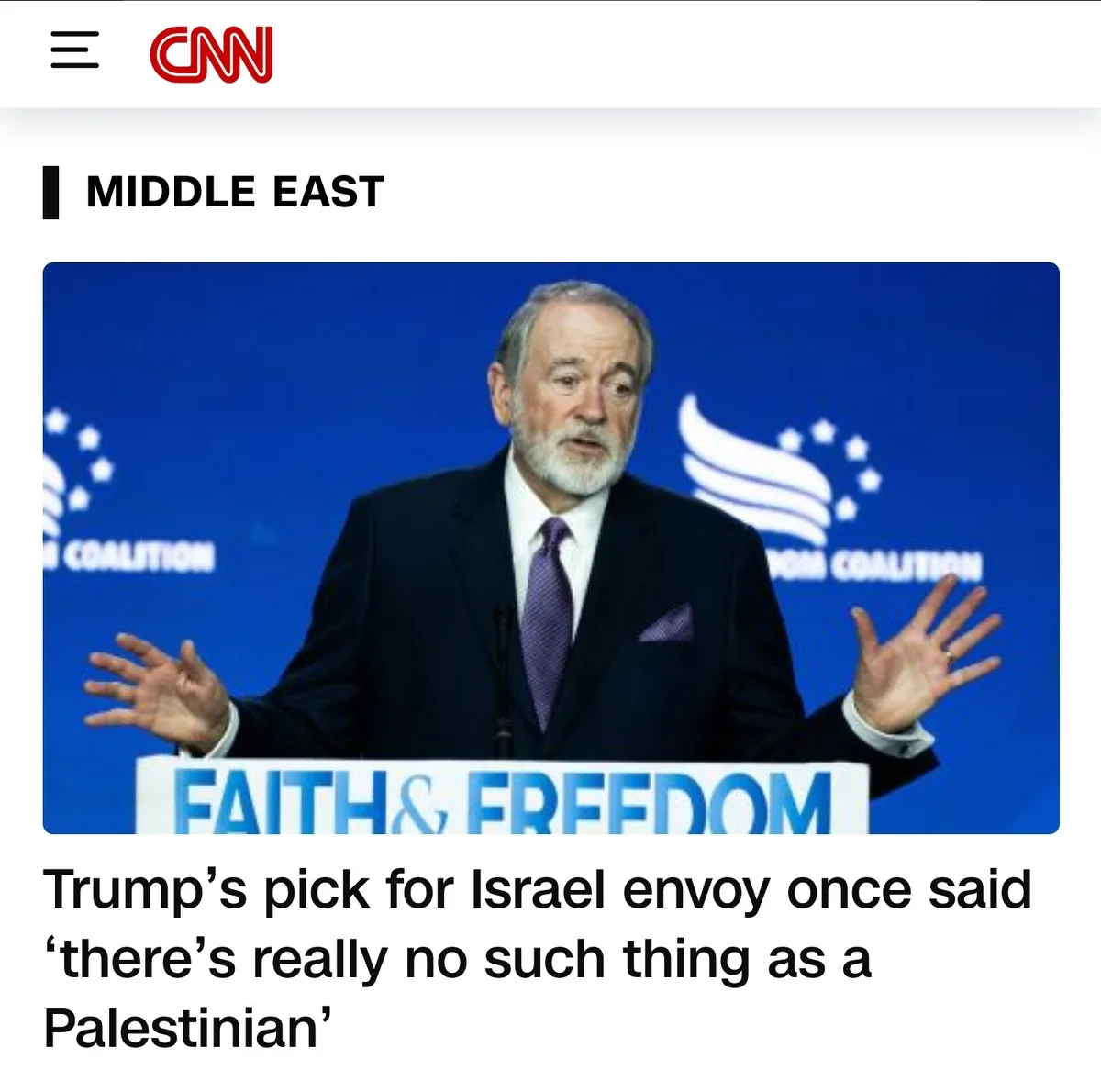 A screenshot from a CNN news article under the 'Middle East' section shows a man with a white beard and dark suit speaking…