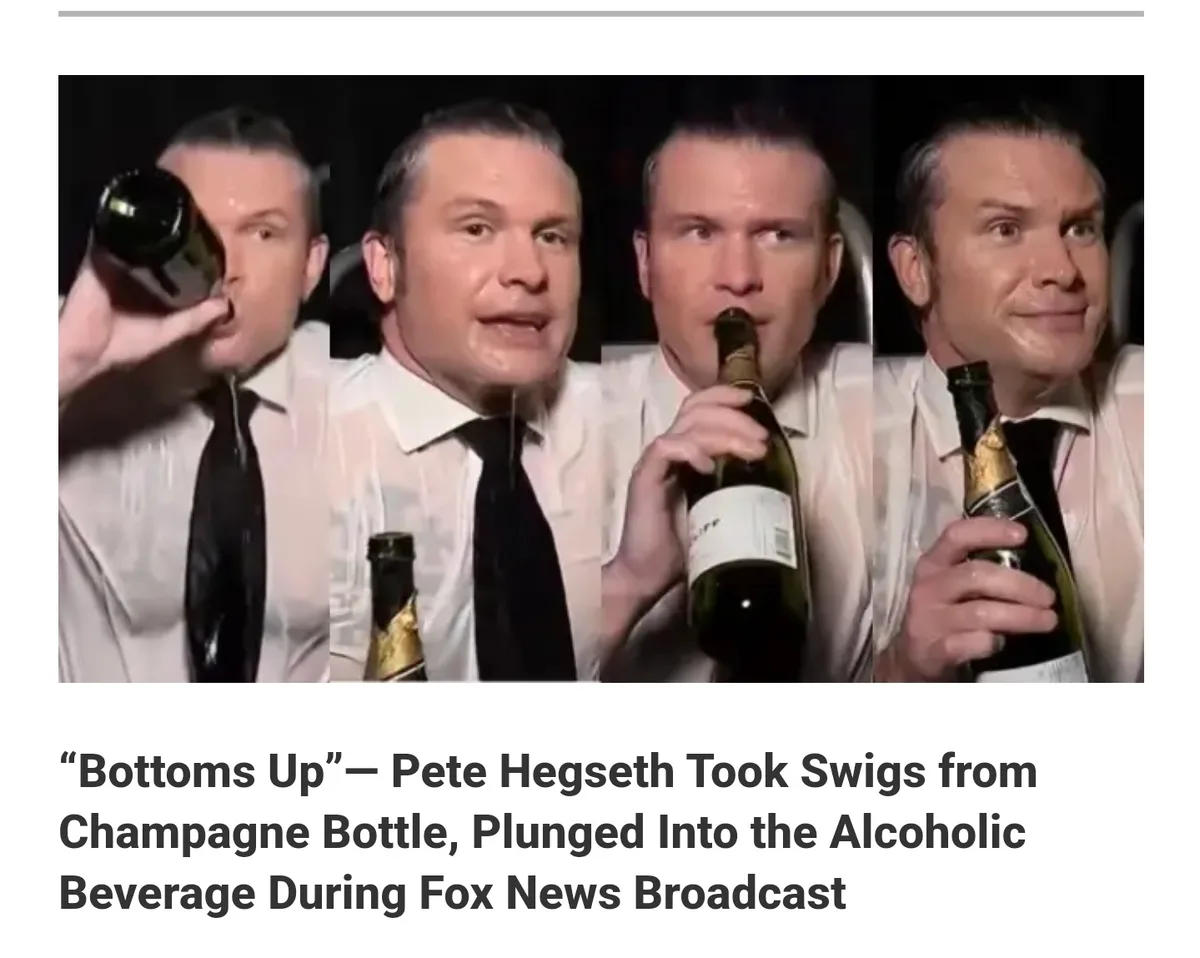 A four-panel image shows Pete Hegseth in a white shirt and black tie, sequentially drinking directly from a champagne bottle…