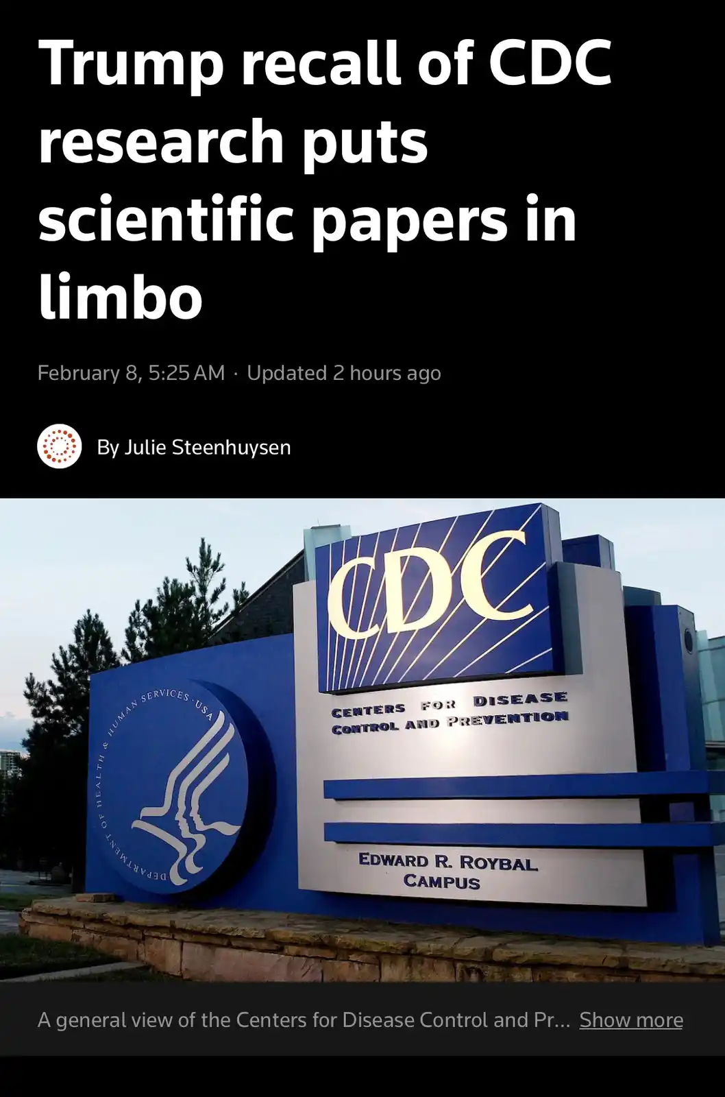 The image shows a news article headline overlaying a photo of the CDC (Centers for Disease Control and Prevention) sign at…
