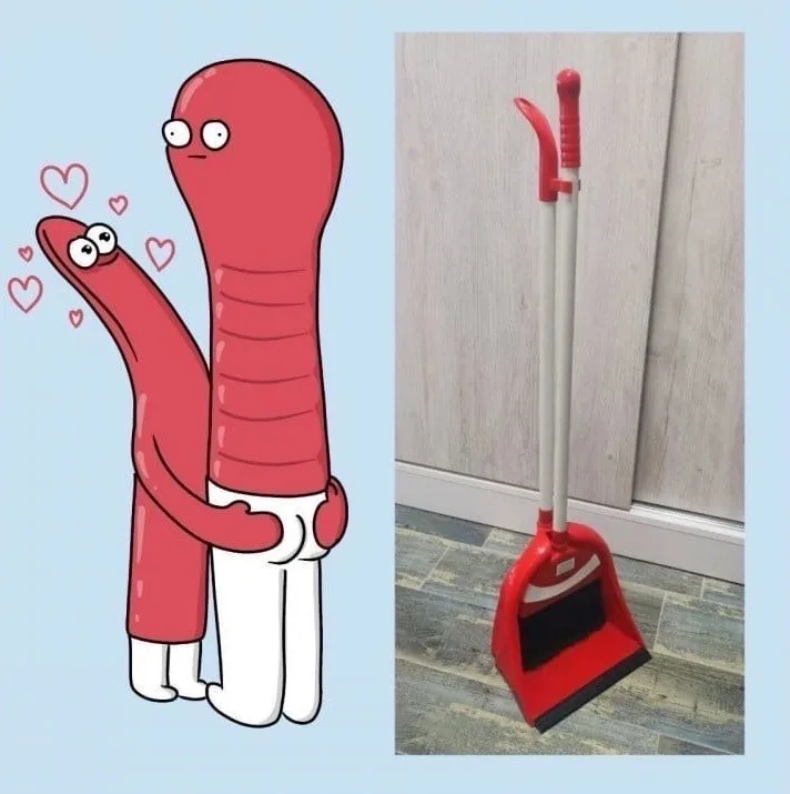 The image is a split-screen meme. On the left, two cartoonish red, worm-like characters are hugging affectionately, with…