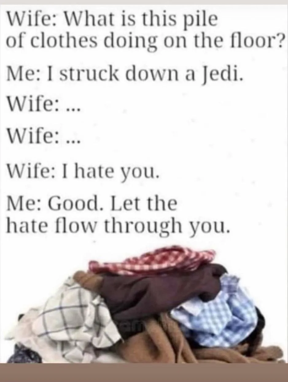 A pile of assorted laundry sits on a white floor, overlaid with text depicting a humorous dialogue where a wife questions…