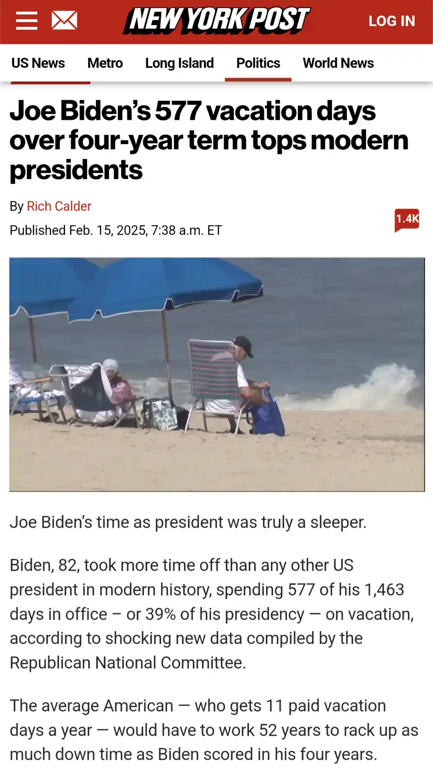 A screenshot of a New York Post article with a headline about Joe Biden taking 577 vacation days during his presidency…