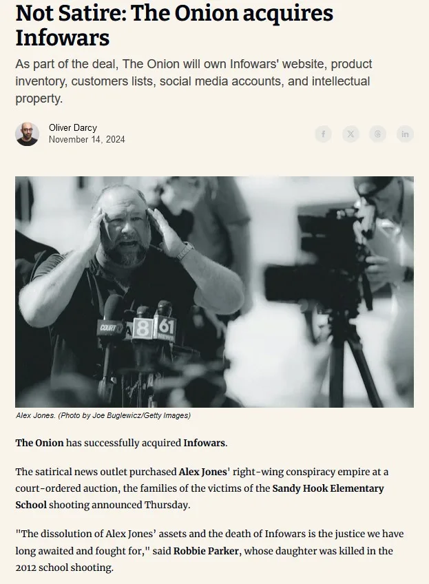 A black-and-white photo shows Alex Jones with hands on his head, surrounded by microphones and a camera, overlaid with text…