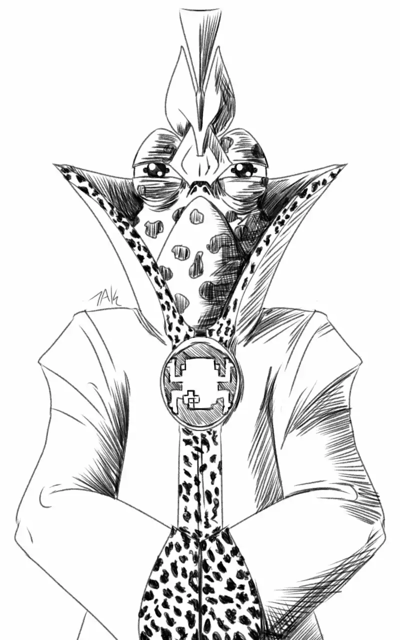 A black-and-white sketch depicts a stylized alien creature with a tall, pointed head, large eyes, and a spotted…