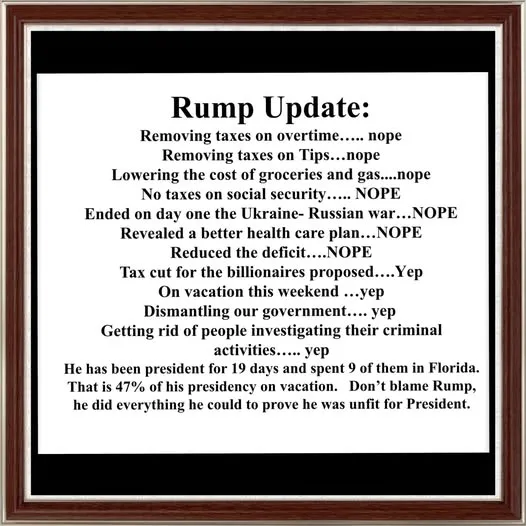 A framed document titled 'Rump Update' lists various policy claims with 'nope' or 'yep' responses. It sarcastically mocks…