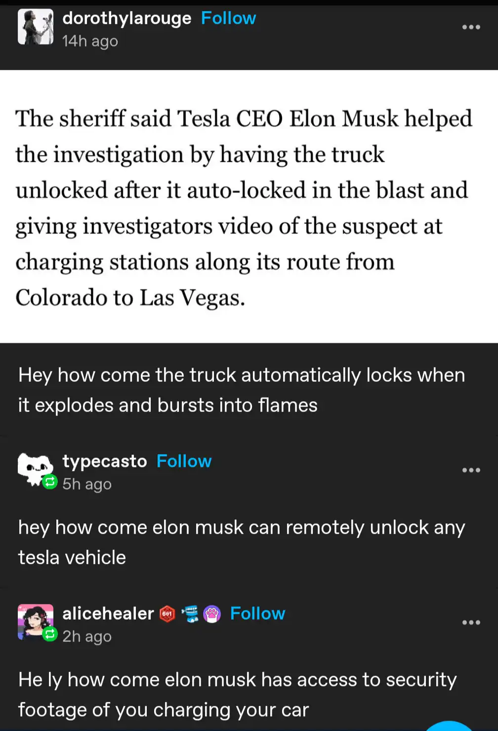 A screenshot of a social media thread shows a news report claiming Elon Musk helped an investigation by remotely unlocking a…