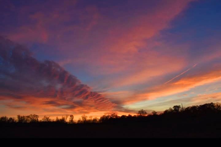 A dramatic sunset with fiery orange and purple clouds over a dark treeline, overlaid with the text 'i'm not crying, you're…