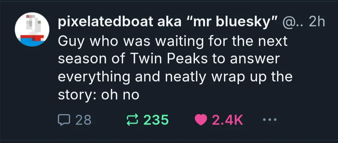 A screenshot of a social media post by 'pixelatedboat aka "mr bluesky"' showing a tweet with the text 'Guy who was waiting…