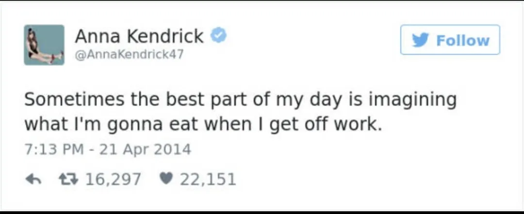 A screenshot of a 2014 tweet by Anna Kendrick (@AnnaKendrick47) showing her profile picture, verified badge, and tweet text…