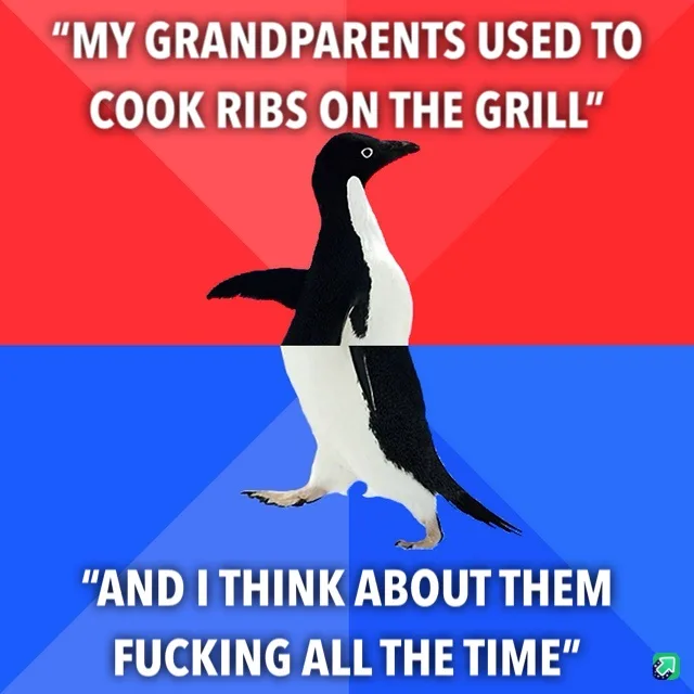 A penguin stands centered against a red and blue background, split diagonally. White text at the top reads "MY GRANDPARENTS…
