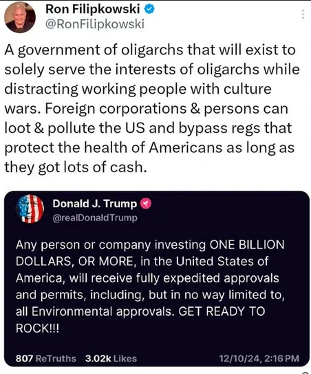 The image displays two Twitter posts. The top post by Ron Filipkowski criticizes a government serving oligarchs and allowing…