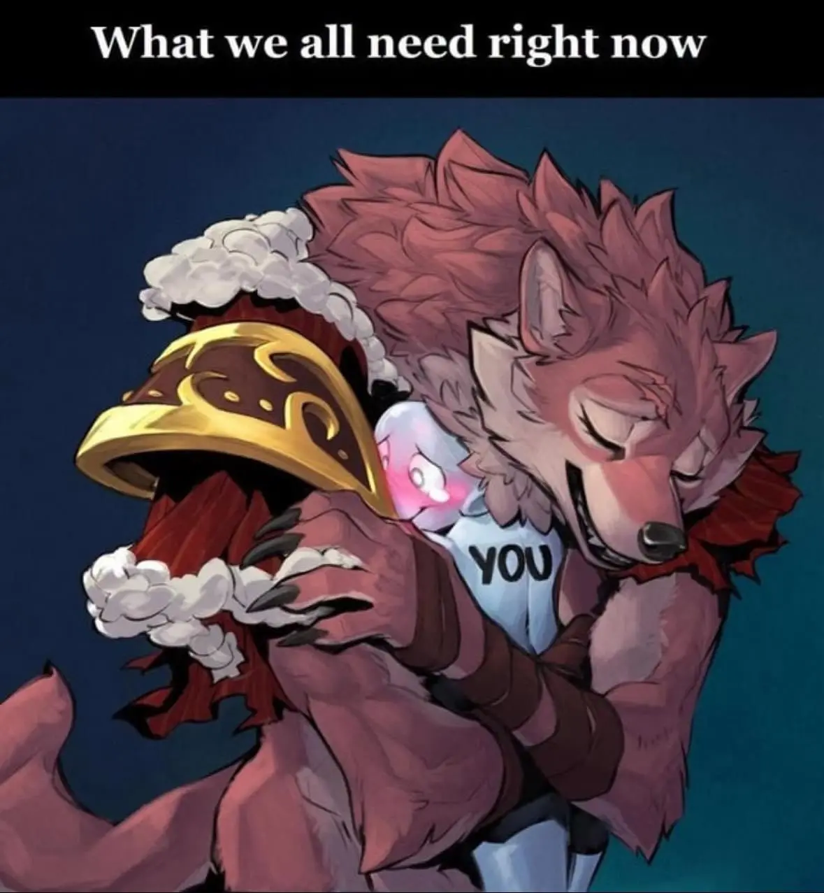 A pink-furred anthropomorphic wolf with closed eyes and a content smile is hugging a small, glowing pink creature wearing a…